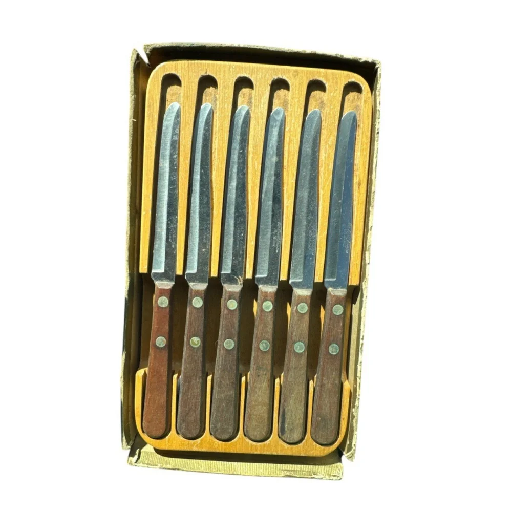 Vintage Top Flight by Burrell Stainless Steel Steak Knife Set Wood Handle Holder